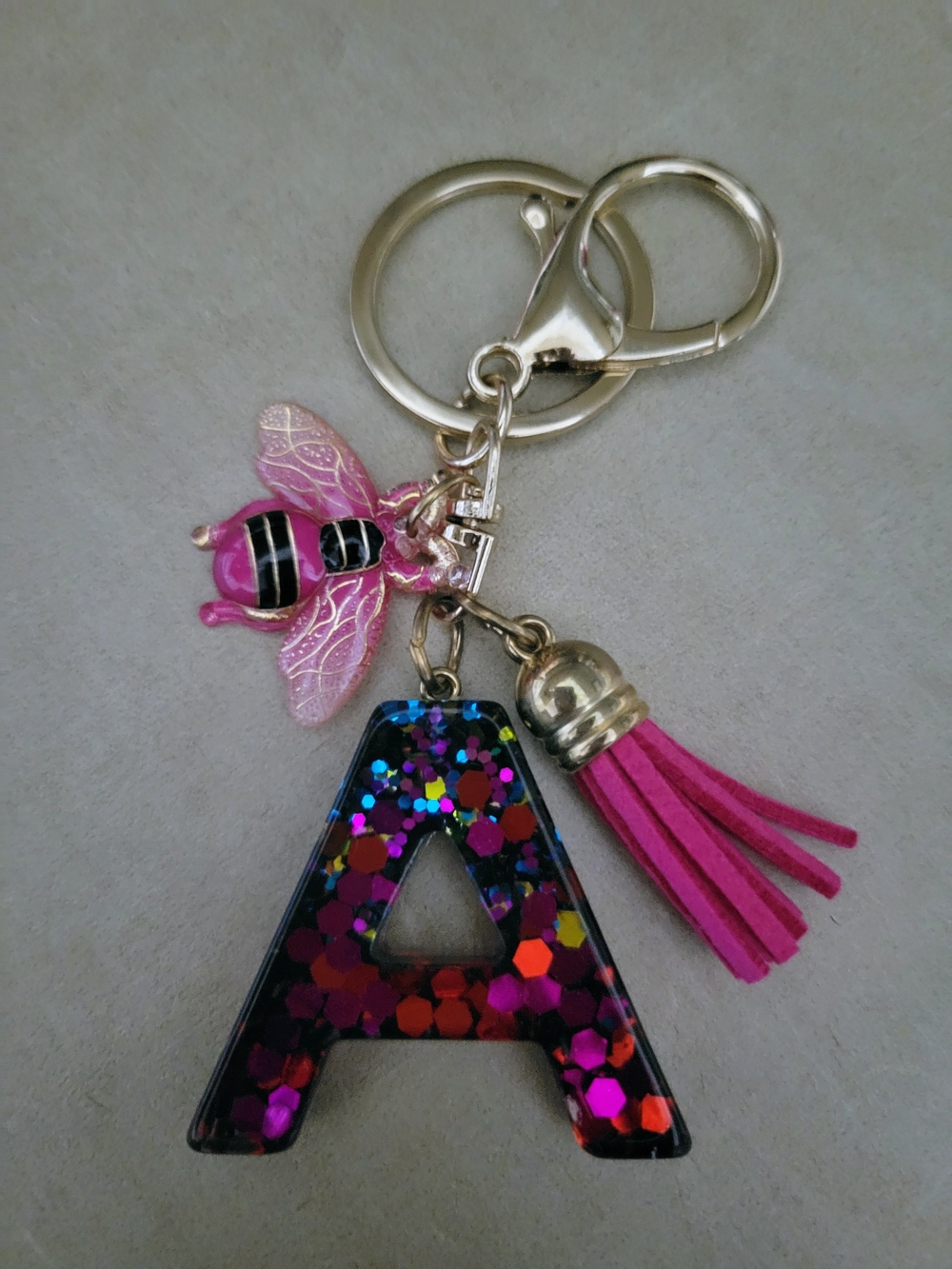 Monogram 'A' Kids Keychain with Pink Bee & Tassel
